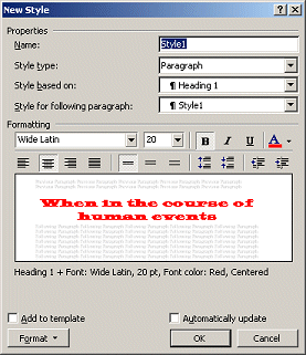 Dialog: New Style, Word 2002