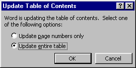 Dialog - Update Table of Contents