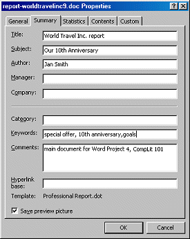 Dialog- File Properties - Summary tab