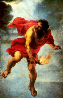 Prometheus escaping with fire. Painting  by Jan Cossiers 